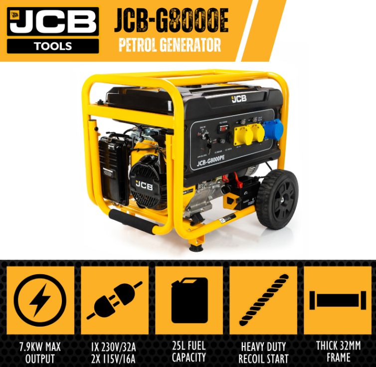 JCB G8000PE Petrol Generator .9kW / 9.8kVA / 115V / 230V / 457cc Electric Start JCB G8000PE Petrol Generator .9kW / 9.8kVA / 115V / 230V / 457cc Electric Start