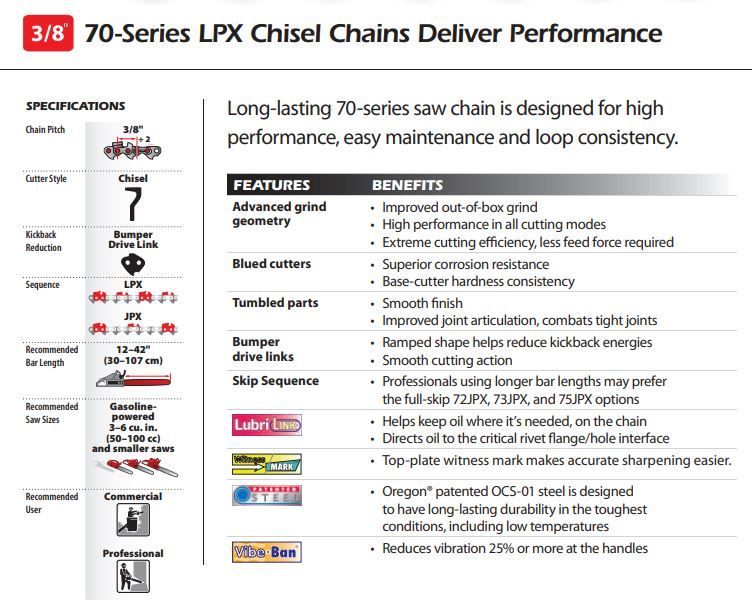 Oregon Chain Chain, 3/8 Super 70 Chisel Std 56 Links Oregon Chain Chain, 3/8 Super 70 Chisel Std 56 Links
