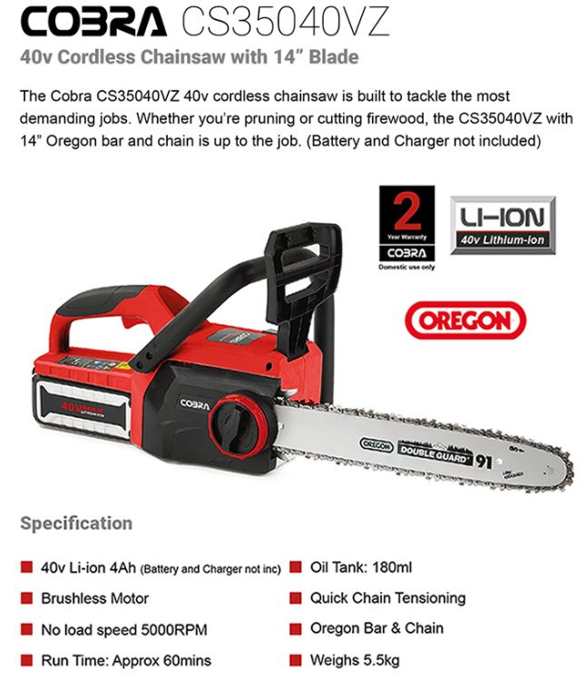 Cobra CS35040VZ Cordless Chainsaw 40v / 35cm (Bare machine) Cobra CS35040VZ Cordless Chainsaw 40v / 35cm (Bare machine)