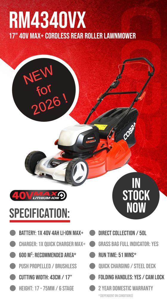 Cobra RM4340VX 40v Cordless Rear Roller Mower 43cm KIT Cobra RM4340VX 40v Cordless Rear Roller Mower 43cm KIT