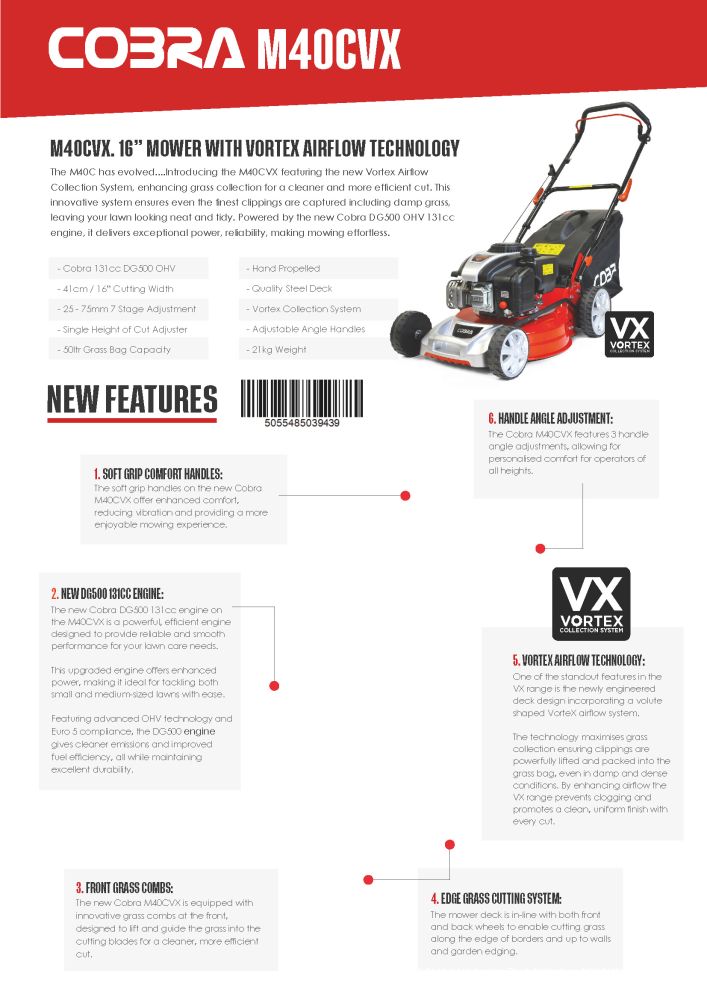 Cobra M40CVX Petrol Rotary Mower 40cm / 131cc / Push / Vortex Airflow Cobra M40CVX Petrol Rotary Mower 40cm / 131cc / Push / Vortex Airflow