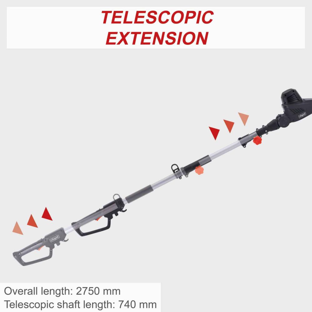 Scheppach ETHT500 Telescopic Hedge Trimmer, 500W, 2.16-2.9m Reach, 450mm Cutting Length Scheppach ETHT500 Telescopic Hedge Trimmer, 500W, 2.16-2.9m Reach, 450mm Cutting Length