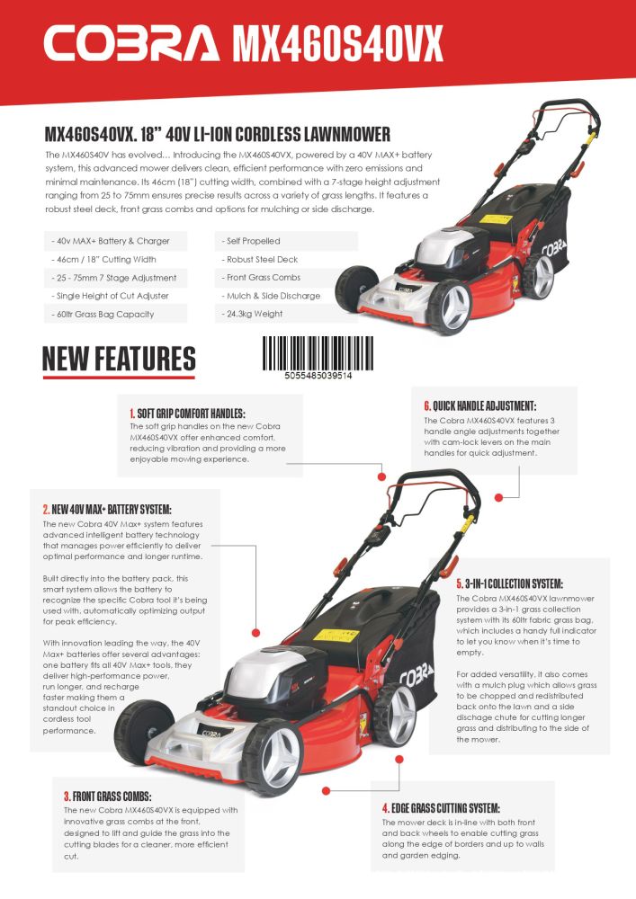 Cobra MX460S40VX Premium Cordless Lawnmower KIT 40v / 46cm / 4Ah Cobra MX460S40VX Premium Cordless Lawnmower KIT 40v / 46cm / 4Ah