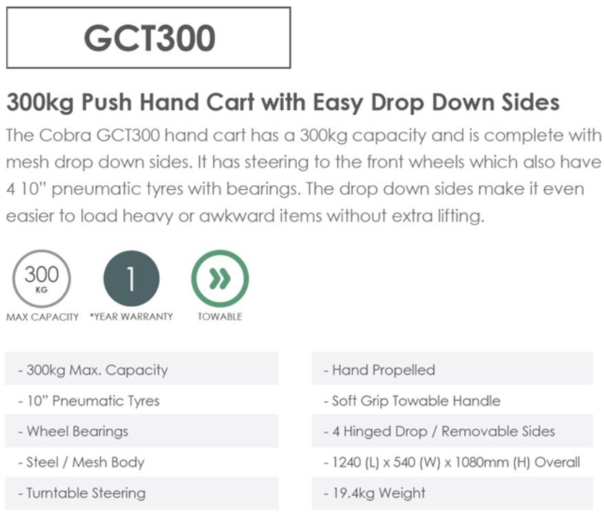Cobra Garden Hand Cart - Steel Mesh Body 300kg GCT300 Cobra Garden Hand Cart - Steel Mesh Body 300kg GCT300