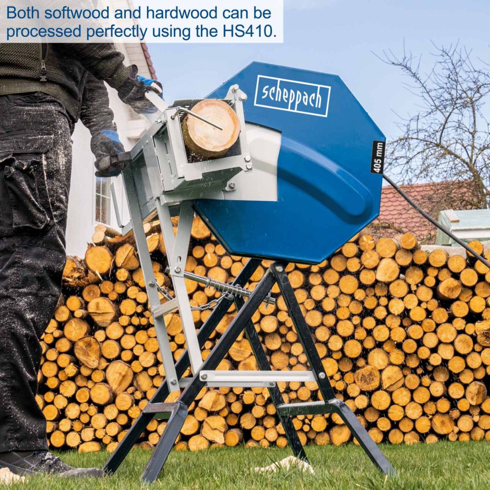 Scheppach HS410 Tilting Log Saw, 2200W, 405mm TCT Blade, 1000x140mm Log Capacity, Patented Safety Flap Scheppach HS410 Tilting Log Saw, 2200W, 405mm TCT Blade, 1000x140mm Log Capacity, Patented Safety Flap