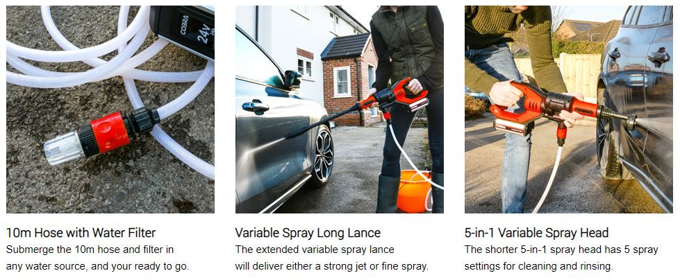 Cobra Cordless Pressure Washer with Attachments 24v Cobra Cordless Pressure Washer with Attachments 24v