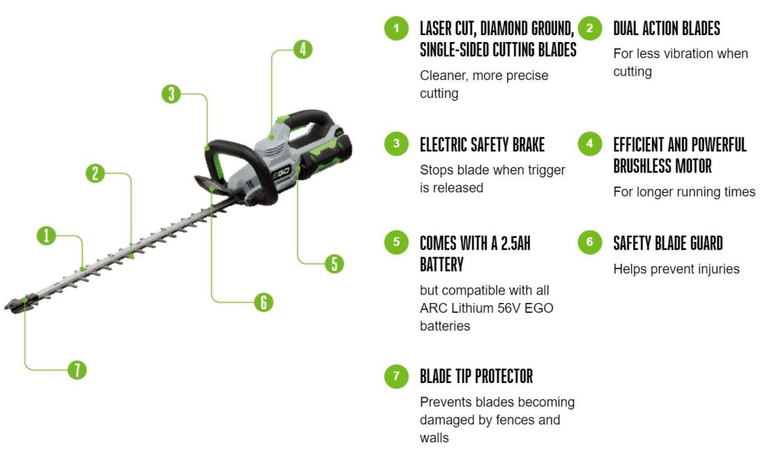 EGO Premium Cordless Hedge Timmer 56v / 60cm Kit (2.5Ah Battery + Charger) EGO Premium Cordless Hedge Timmer 56v / 60cm Kit (2.5Ah Battery + Charger)