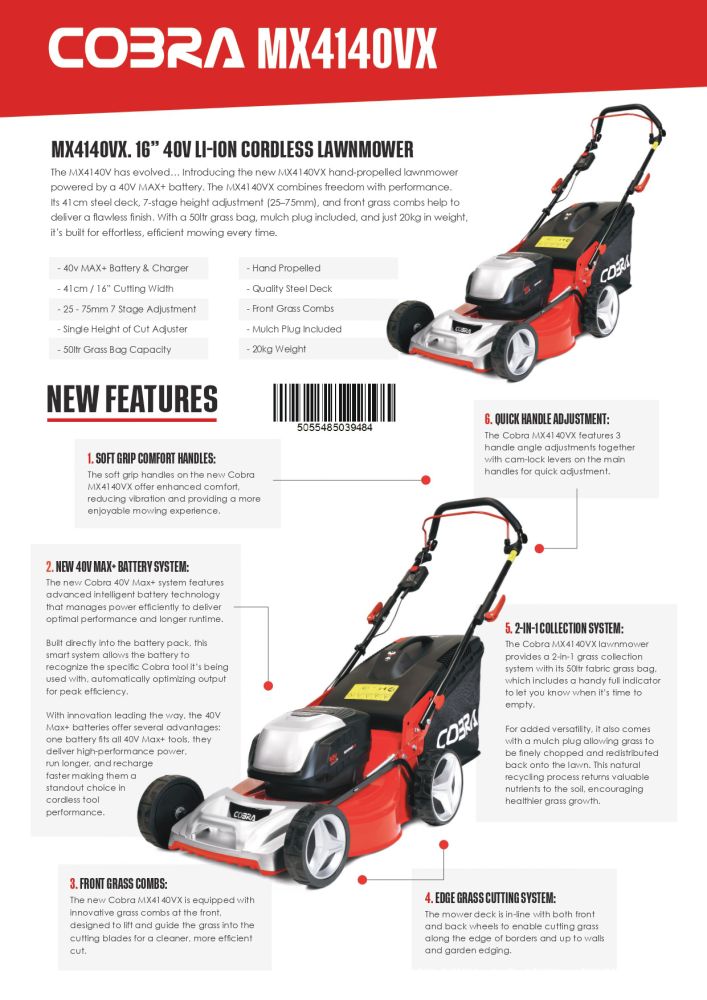Cobra MX4140VX Premium Cordless Lawnmower KIT 40v / 41cm / 4Ah Cobra MX4140VX Premium Cordless Lawnmower KIT 40v / 41cm / 4Ah