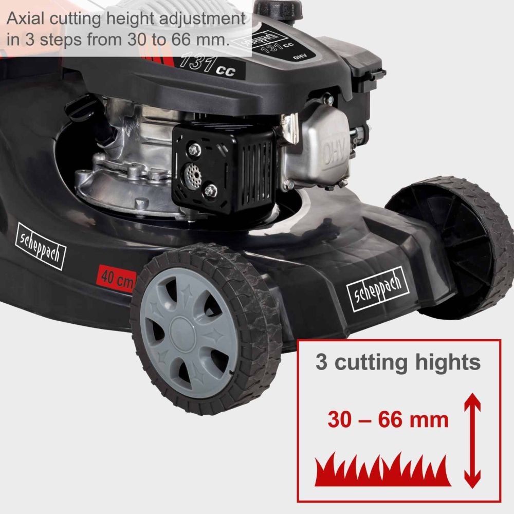 Scheppach MP132-40 Lawnmower, 3,3hp Petrol Engine, 40cm Cutting Width, 30–66mm Cutting Height, 35L Collection Bag Scheppach MP132-40 Lawnmower, 3,3hp Petrol Engine, 40cm Cutting Width, 30–66mm Cutting Height, 35L Collection Bag
