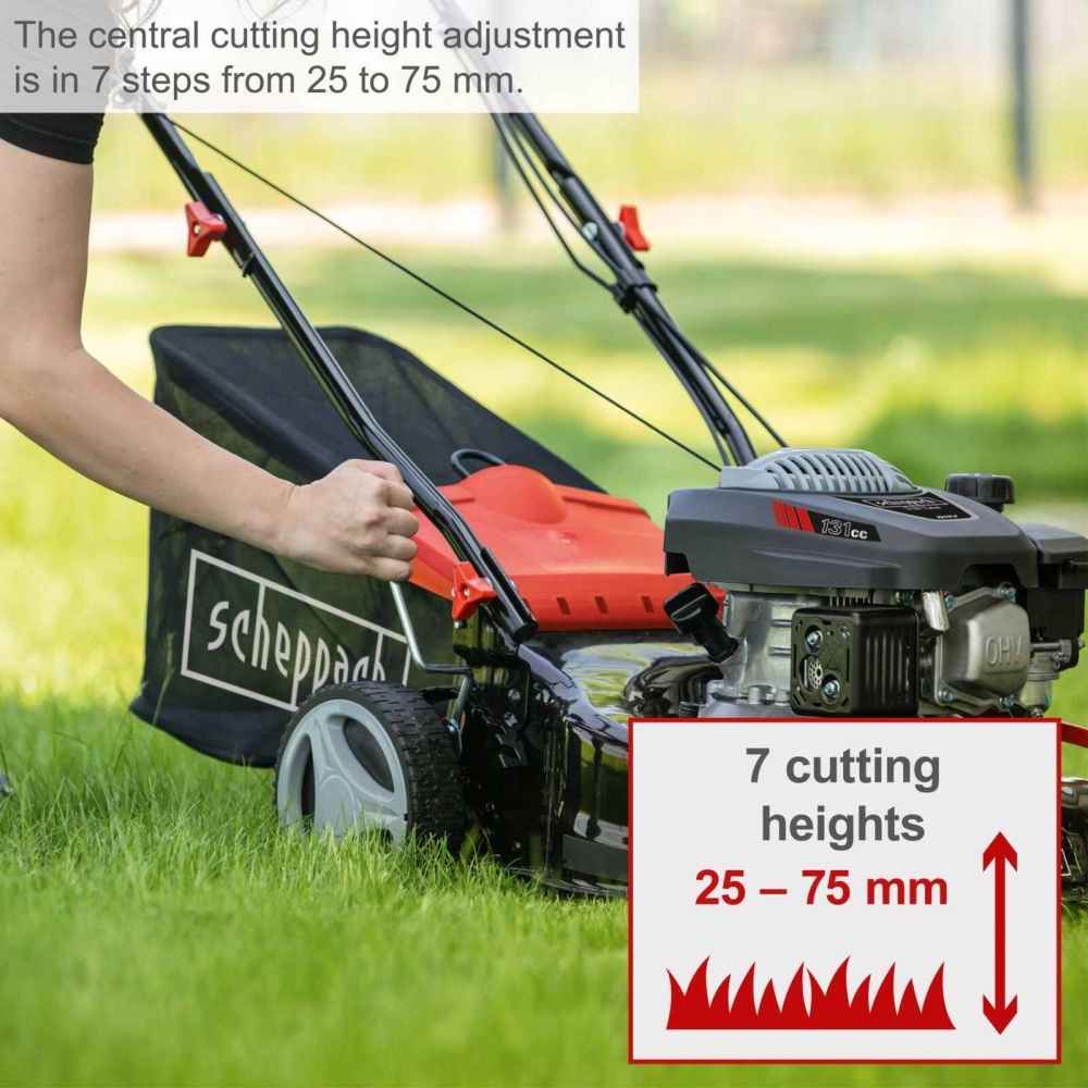 Scheppach MP132-42 Lawnmower, 3.3hp Petrol Engine, 42cm Cutting Width, 75mm Cutting Height, 45L Collection Bag Scheppach MP132-42 Lawnmower, 3.3hp Petrol Engine, 42cm Cutting Width, 75mm Cutting Height, 45L Collection Bag