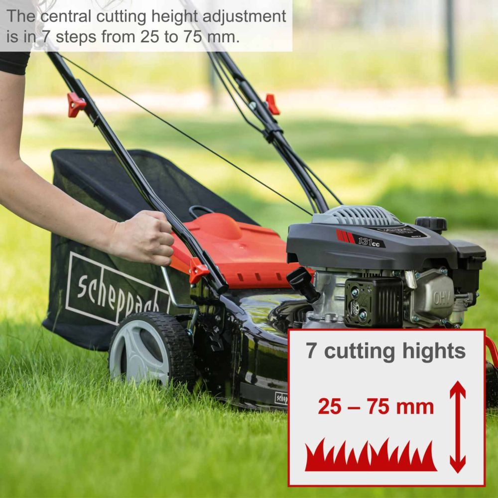 Scheppach MS132-42 Self-Propelled Lawnmower, 3.3hp Petrol Engine, 42cm Cutting Width, 75mm Cutting Height, 45L Collection Bag