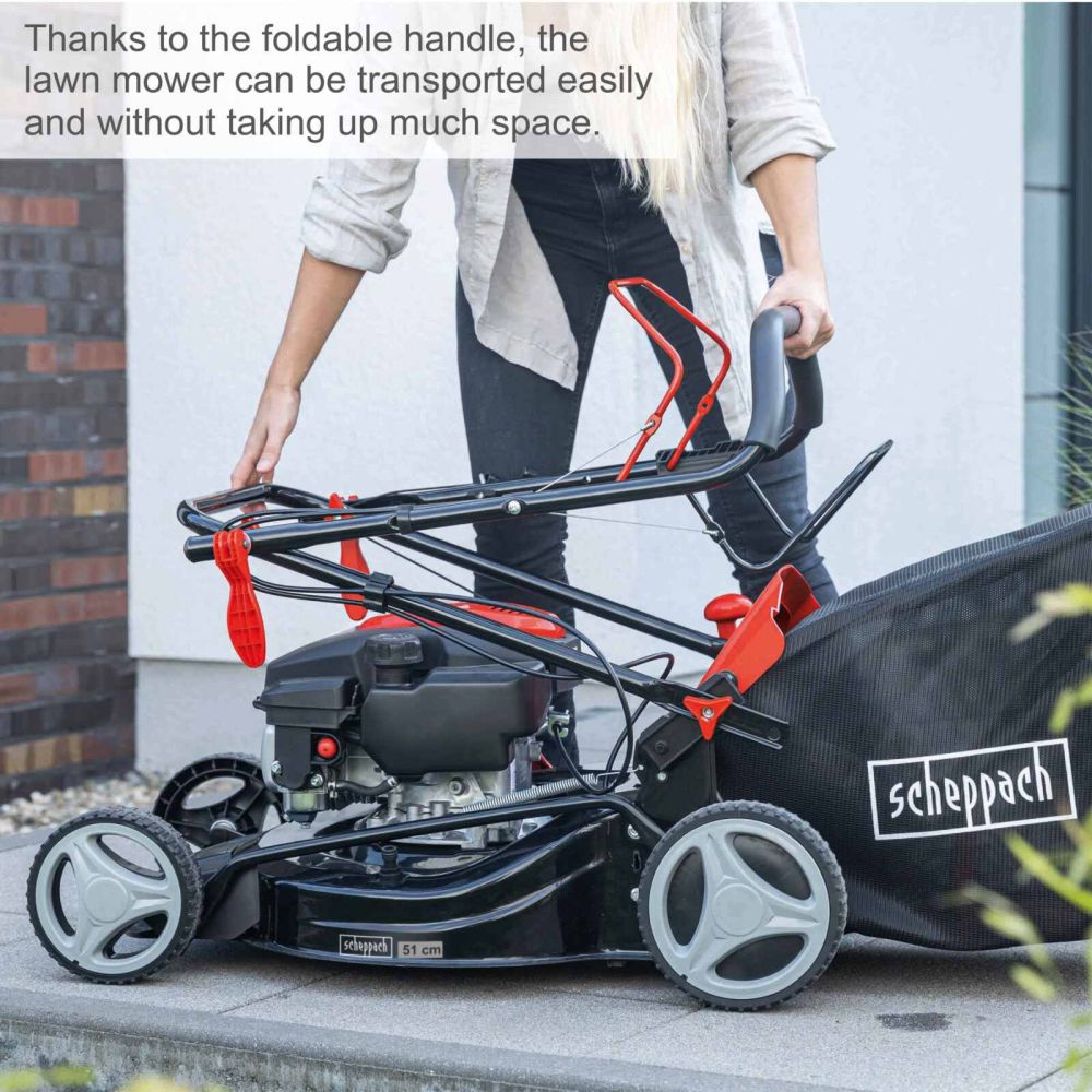 Scheppach MS161-46 Self-Propelled Lawnmower, 3.5hp Petrol Engine, 46cm Cutting Width, 75mm Cutting Height, 55L Collection Bag