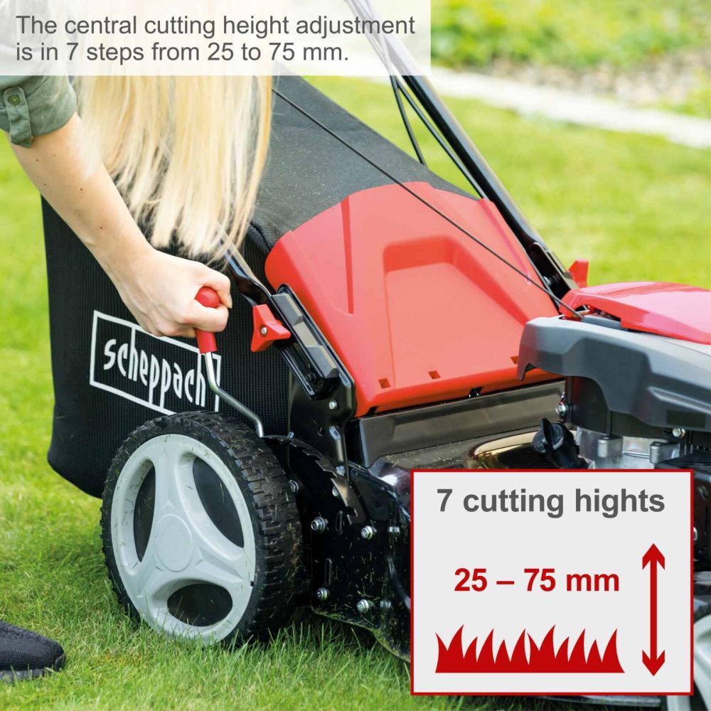 Scheppach MS173-51 Self-Propelled Lawnmower, 4.1hp Petrol Engine, 51cm Cutting Width, 75mm Cutting Height, 65L Collection Bag
