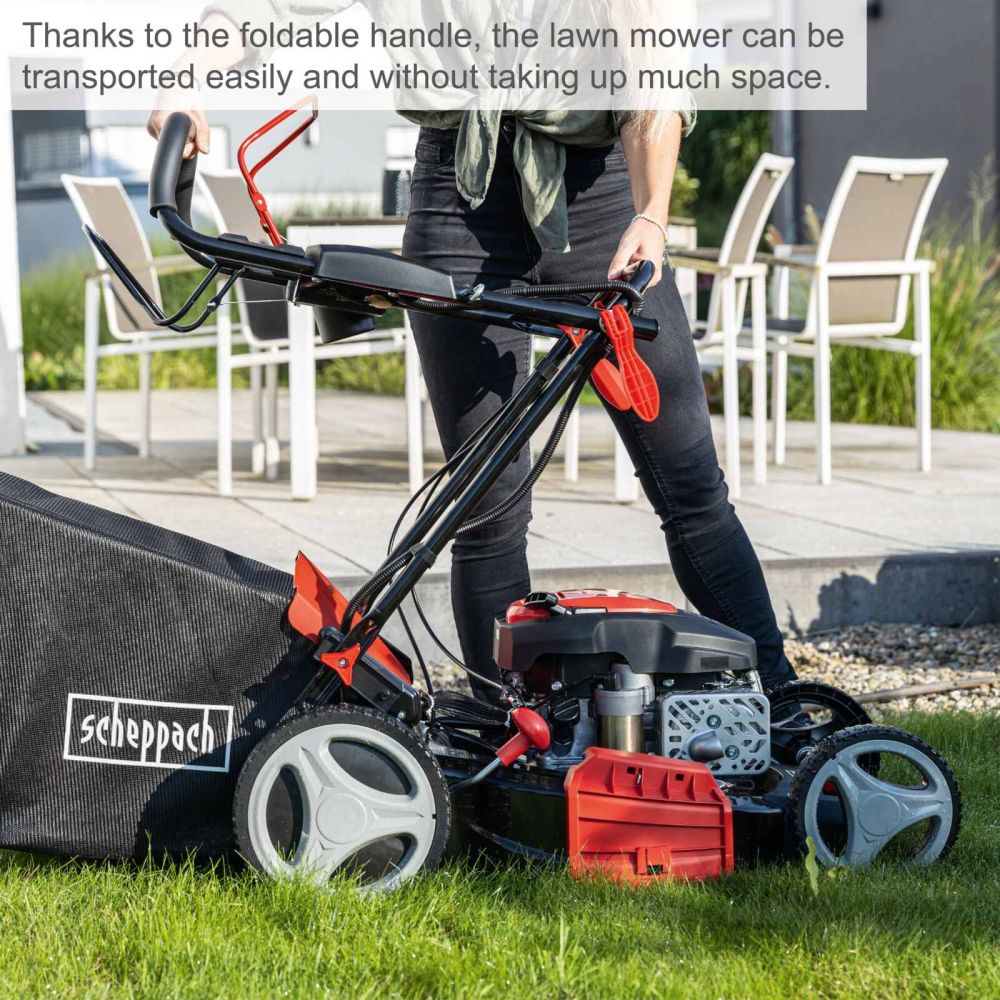 Scheppach MS173-51E Self-Propelled Lawnmower, 4.1hp Petrol Engine, 51cm Cutting Width, 75mm Cutting Height, 65L Collection Bag, Hybrid Start