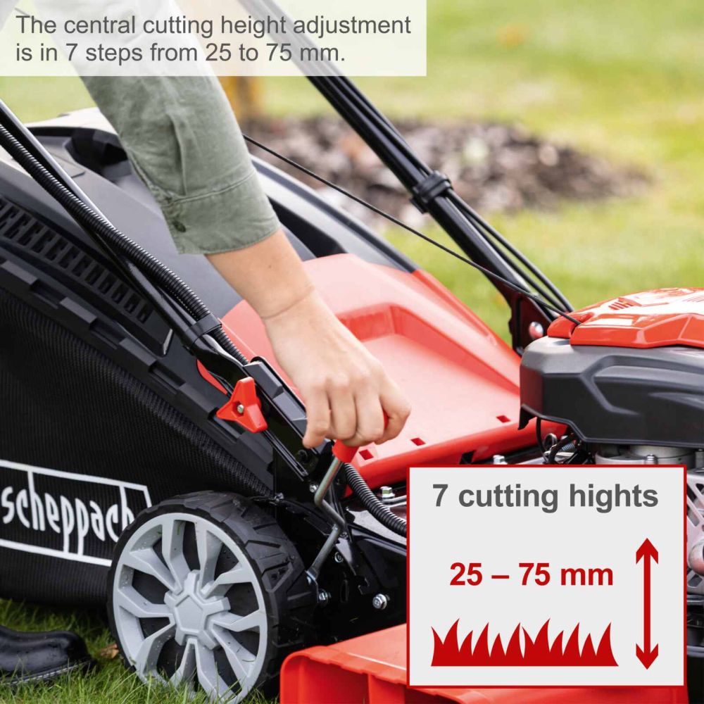 Scheppach MS225-56E Self-Propelled Lawnmower, 6.0hp Petrol Engine, 56cm Cutting Width, 75mm Cutting Height, 65L Collection Bag, Hybrid Start