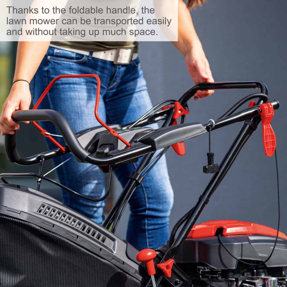 Scheppach MS225-56E Self-Propelled Lawnmower, 6.0hp Petrol Engine, 56cm Cutting Width, 75mm Cutting Height, 65L Collection Bag, Hybrid Start