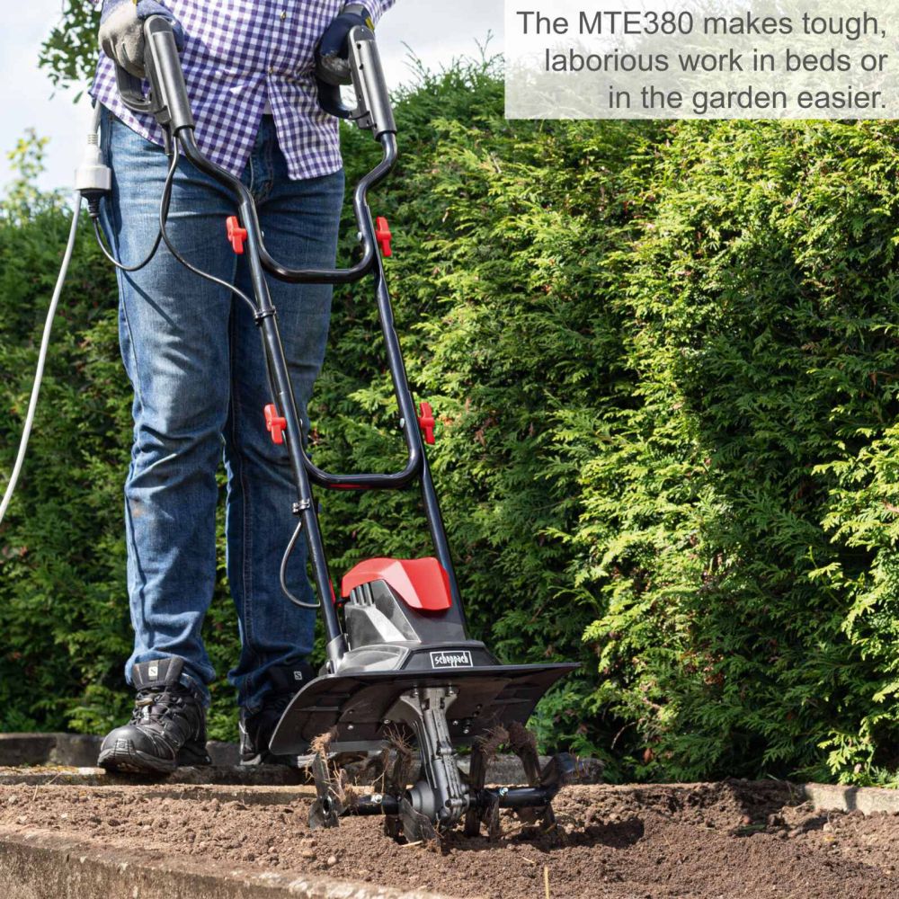 Scheppach MTE380 Tiller Cultivator, 1050W, 360mm Working Width, 220mm Working Depth, 16 Blades Scheppach MTE380 Tiller Cultivator, 1050W, 360mm Working Width, 220mm Working Depth, 16 Blades