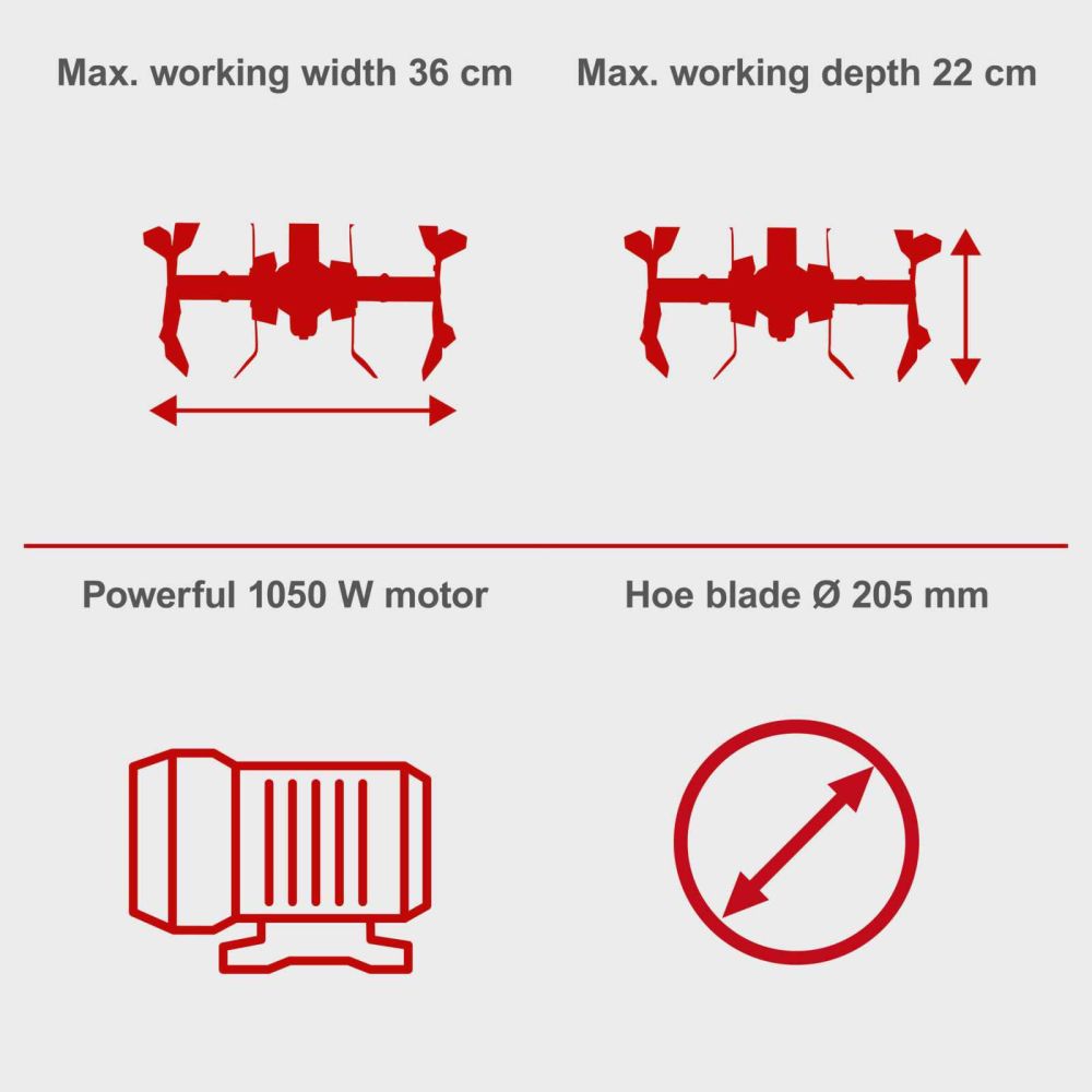 Scheppach MTE380 Tiller Cultivator, 1050W, 360mm Working Width, 220mm Working Depth, 16 Blades Scheppach MTE380 Tiller Cultivator, 1050W, 360mm Working Width, 220mm Working Depth, 16 Blades