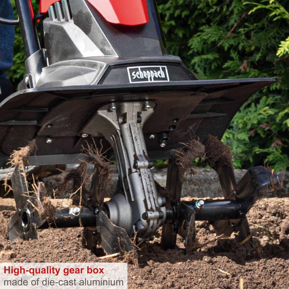 Scheppach MTE380 Tiller Cultivator, 1050W, 360mm Working Width, 220mm Working Depth, 16 Blades Scheppach MTE380 Tiller Cultivator, 1050W, 360mm Working Width, 220mm Working Depth, 16 Blades