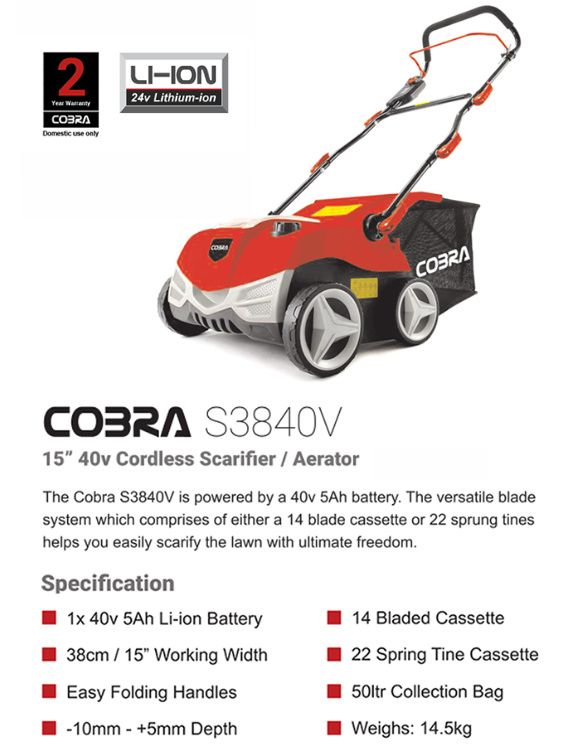 Cobra S3840V Cordless Lawn Scarifier / Aerator 40v / 38cm / 5Ah Cobra S3840V Cordless Lawn Scarifier / Aerator 40v / 38cm / 5Ah