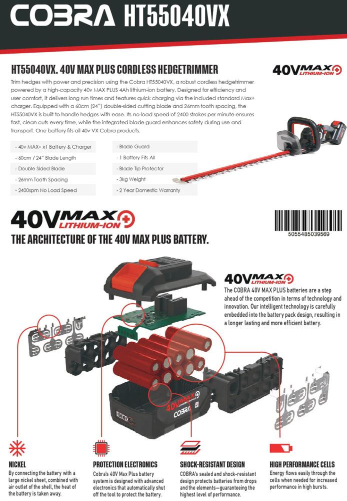 Cobra HT55040VX Cordless Hedge Trimmer KIT / 40v / 60cm / 4Ah Cobra HT55040VX Cordless Hedge Trimmer KIT / 40v / 60cm / 4Ah
