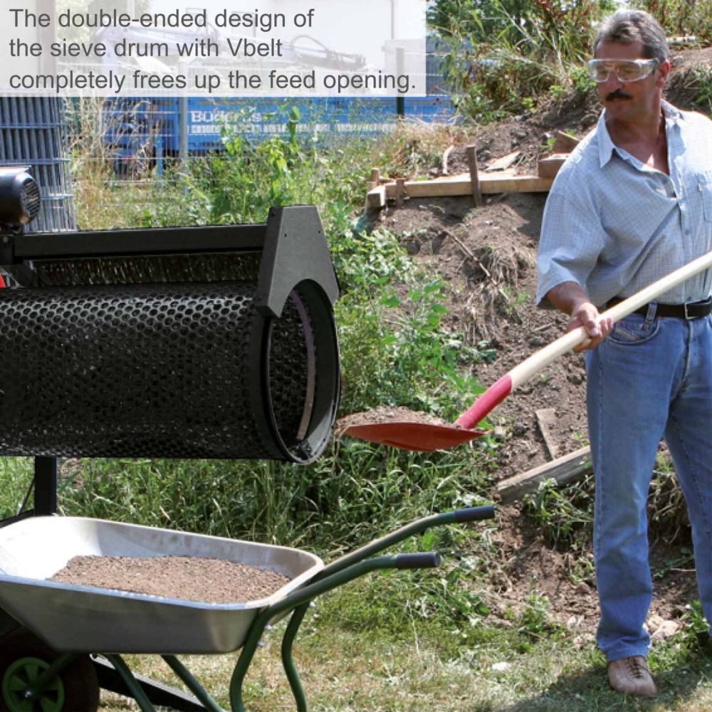 Scheppach RS350 Rotating Soil Sieve, 250W, 400x800mm Adjustable Drum, 3m³/h Throughput, Transport Wheels Scheppach RS350 Rotating Soil Sieve, 250W, 400x800mm Adjustable Drum, 3m³/h Throughput, Transport Wheels