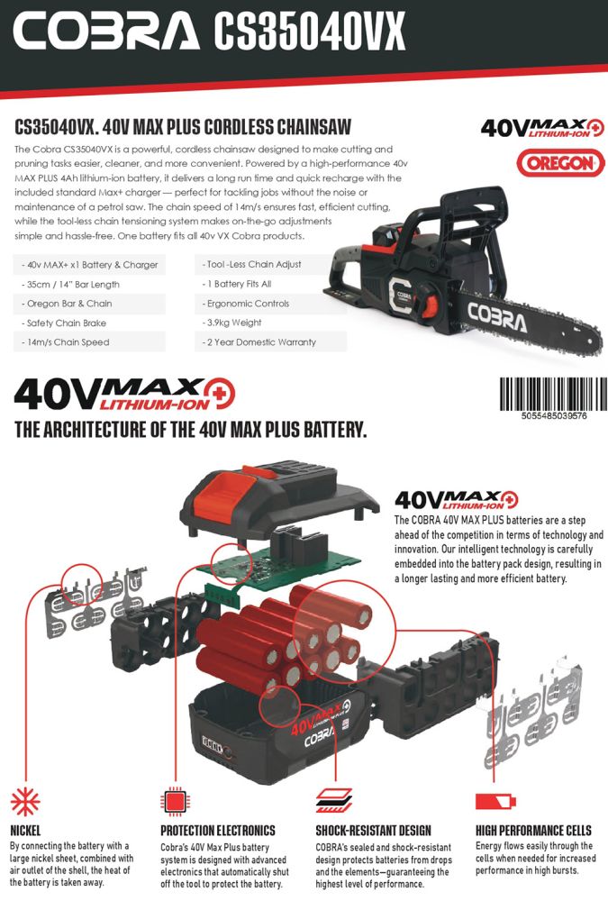 Cobra CS35040VX Cordless Chainsaw KIT / 40v / 35cm / 4Ah Cobra CS35040VX Cordless Chainsaw KIT / 40v / 35cm / 4Ah