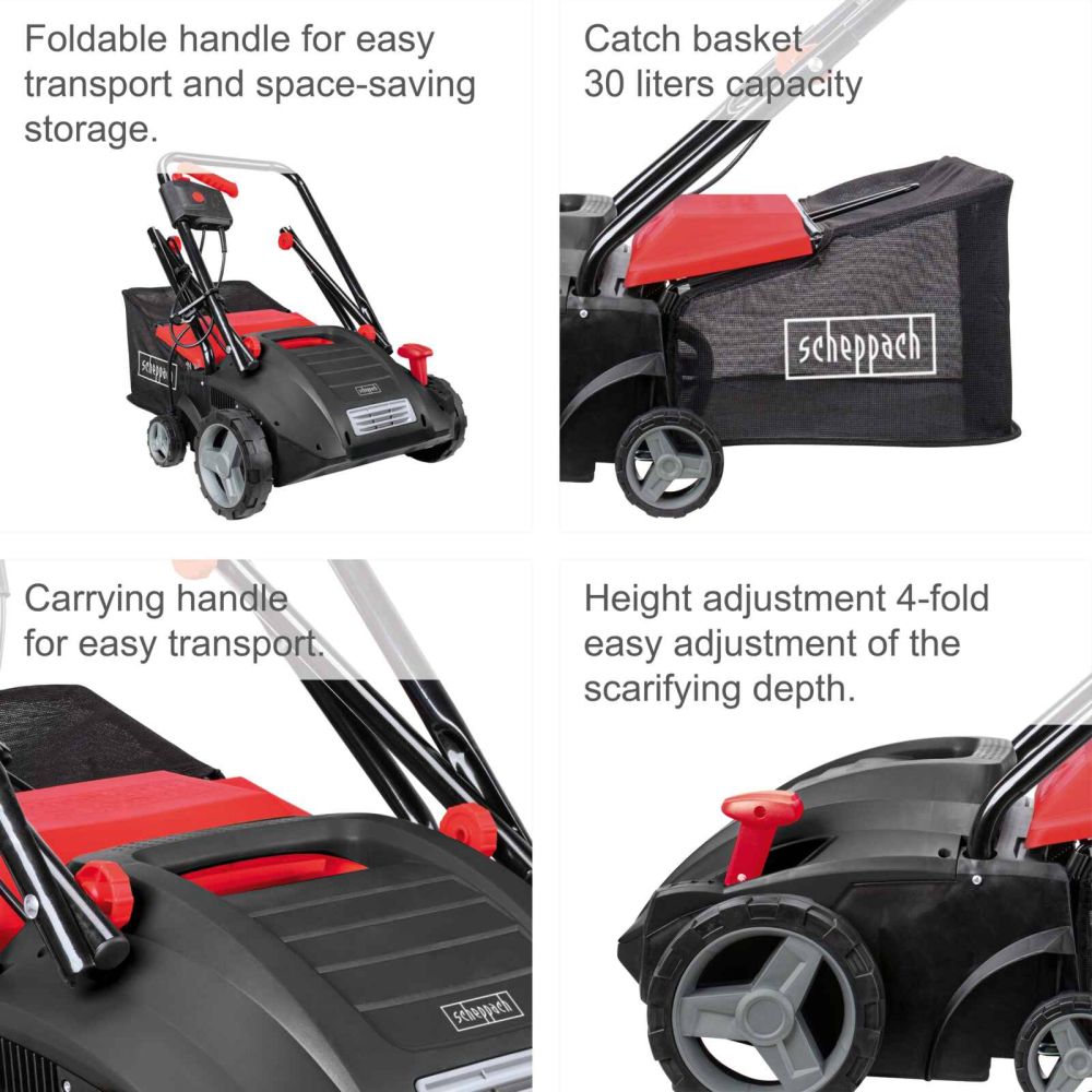 Scheppach SC32 Scarifier & Aerator, 1500W, 32cm Working Width, -12mm to +4mm Working Depth, 30L Collector, 2 Rollers Scheppach SC32 Scarifier & Aerator, 1500W, 32cm Working Width, -12mm to +4mm Working Depth, 30L Collector, 2 Rollers