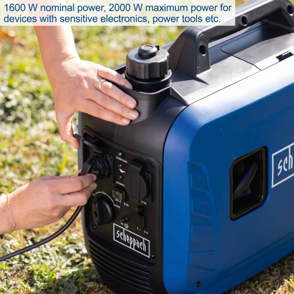 Scheppach SG2500i Portable Petrol Inverter Generator, 2000W Peak, 1600W Rated, 2x 230V Sockets Scheppach SG2500i Portable Petrol Inverter Generator, 2000W Peak, 1600W Rated, 2x 230V Sockets