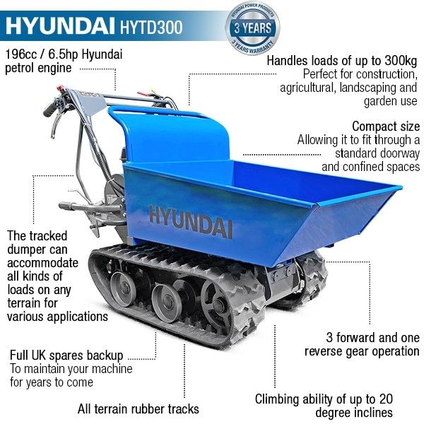 Hyundai 196cc Petrol Tracked Mini Dumper / Power Barrow 300kg HYTD300 Hyundai 196cc Petrol Tracked Mini Dumper / Power Barrow 300kg HYTD300