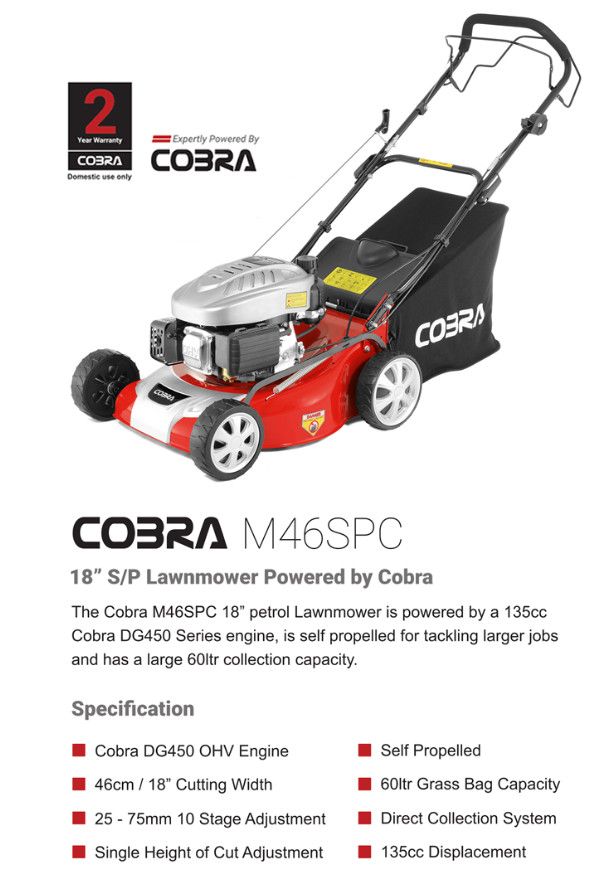 Cobra RM46SPC 46cm SP Petrol Roller Lawnmower Cobra RM46SPC 46cm SP Petrol Roller Lawnmower