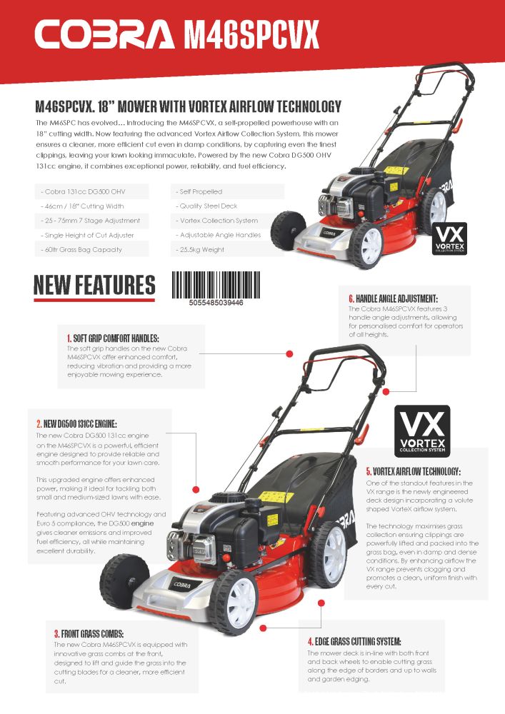 Cobra M46SPCVX Petrol Lawnmower 135cc /46cm / Self-Propelled Cobra M46SPCVX Petrol Lawnmower 135cc /46cm / Self-Propelled