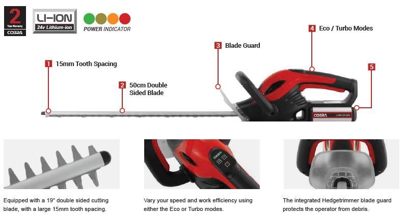 Cobra H5024V Cordless Hedgecutter 24v Lithium / 50cm Cobra H5024V Cordless Hedgecutter 24v Lithium / 50cm