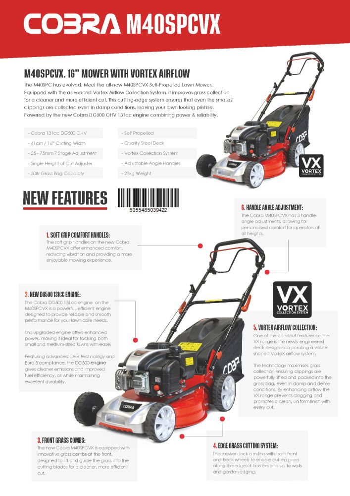 Cobra M40SPCVX Petrol Mower 40cm / 131cc / Self-Propelled Cobra M40SPCVX Petrol Mower 40cm / 131cc / Self-Propelled