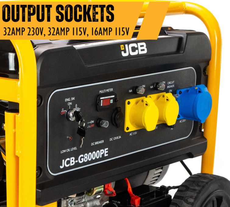 JCB G8000PE Petrol Generator .9kW / 9.8kVA / 115V / 230V / 457cc Electric Start JCB G8000PE Petrol Generator .9kW / 9.8kVA / 115V / 230V / 457cc Electric Start