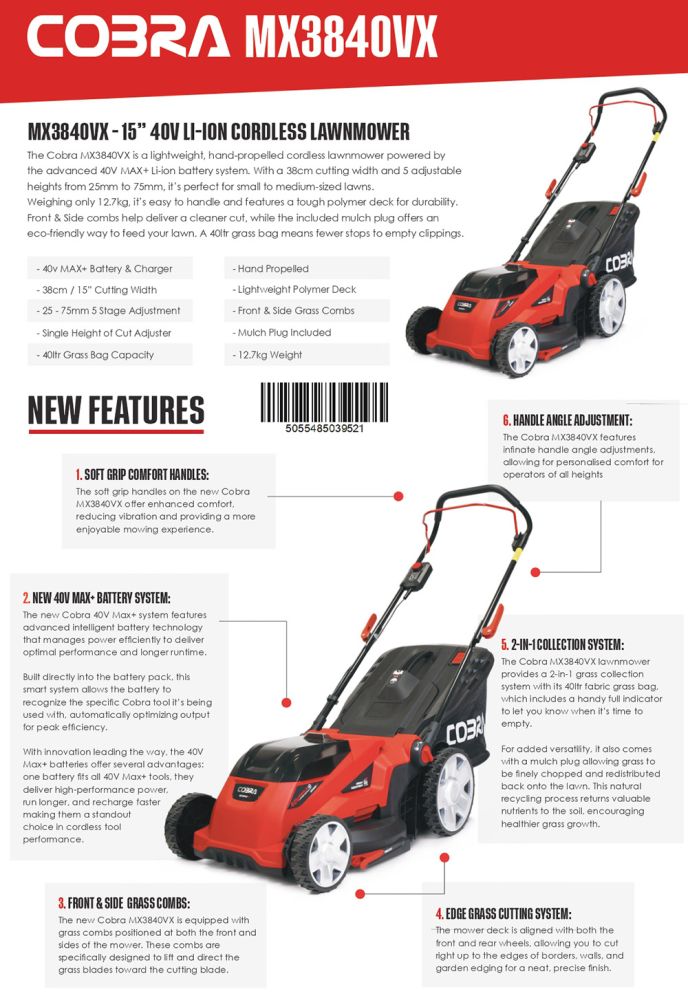 Cobra MX3840VX Premium Cordless Lawnmower KIT 40v / 38cm / 4Ah Cobra MX3840VX Premium Cordless Lawnmower KIT 40v / 38cm / 4Ah