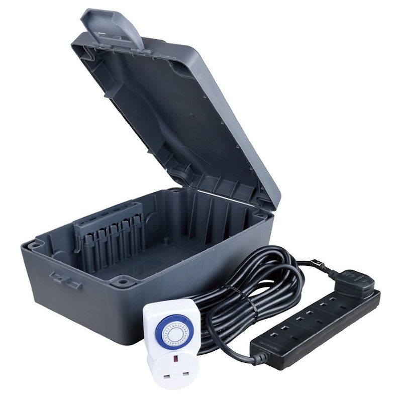 Green Weatherproof Dry Box and 4-Gang 10m Trailing Socket with 24hr Timer Green Weatherproof Dry Box and 4-Gang 10m Trailing Socket with 24hr Timer