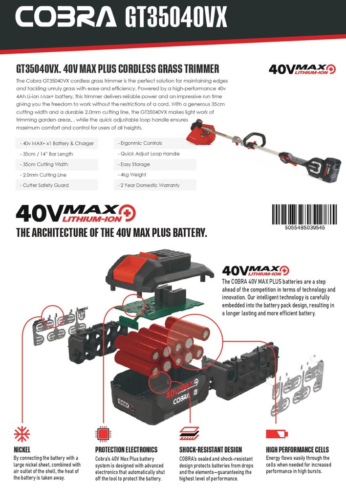 Cobra GT35040VX Cordless Grass Trimmer KIT / 40v / 35cm / 4Ah Cobra GT35040VX Cordless Grass Trimmer KIT / 40v / 35cm / 4Ah
