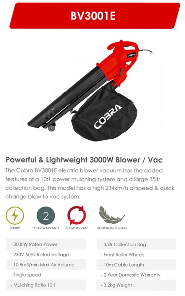 Cobra BV3001E Powerful and Lightweight Garden Leaf Blower / Vac 3000w Cobra BV3001E Powerful and Lightweight Garden Leaf Blower / Vac 3000w