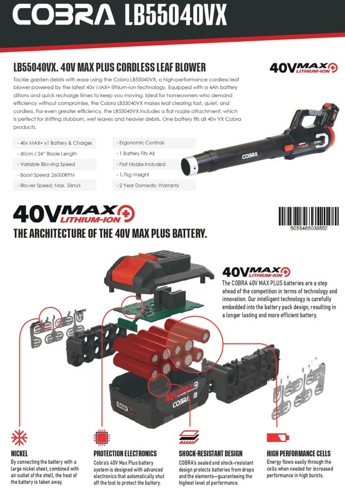 Cobra LB55040VX Cordless Leaf Blower KIT / 40v / 4Ah Cobra LB55040VX Cordless Leaf Blower KIT / 40v / 4Ah
