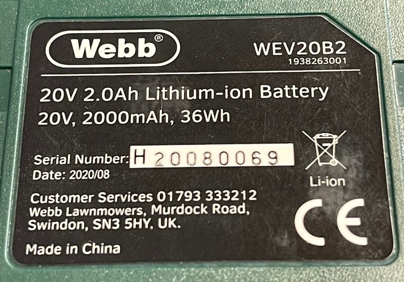Webb Battery 20v 2.0Ah WEV20B2 Webb Battery 20v 2.0Ah WEV20B2