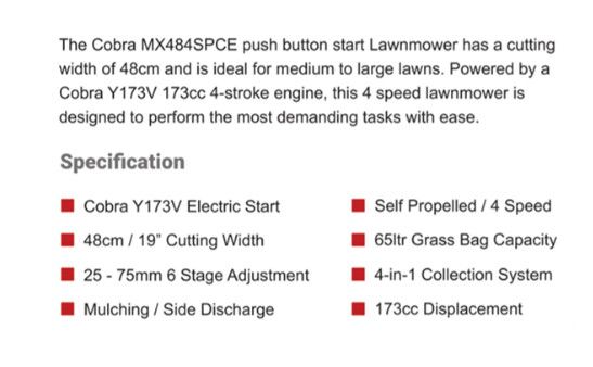 Cobra MX484SPCE Self-Propelled Electric Start Petrol Lawnmower 48cm Cobra MX484SPCE Self-Propelled Electric Start Petrol Lawnmower 48cm
