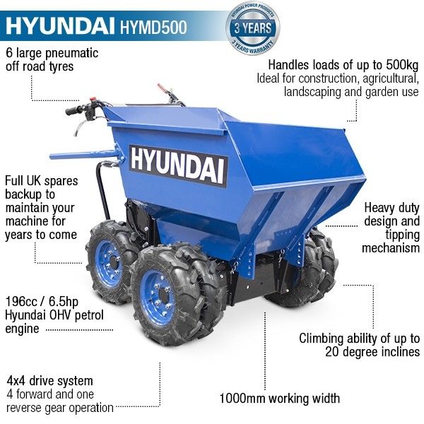 Hyundai 196cc 4-Wheel Drive Mini Dumper / Power Barrow 500kg HYMD500 Hyundai 196cc 4-Wheel Drive Mini Dumper / Power Barrow 500kg HYMD500