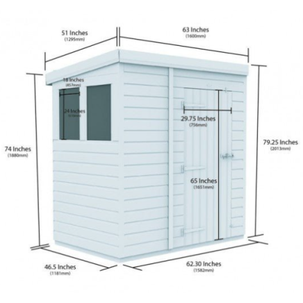 5 x 4 Pent Shed Single Door, No Windows