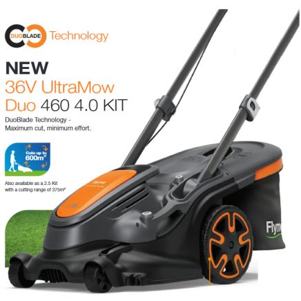 Flymo Ultra Mow Duo 460 Cordless Twin Lawnmower 36V (2 x 18v) inc 4 ah battery
